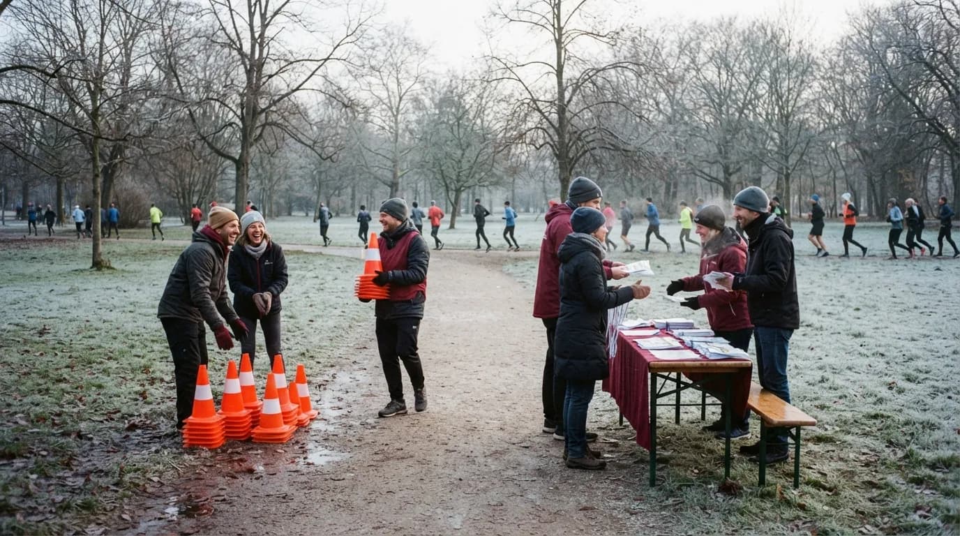 Läuferinnen und Läufer an einem Verpflegungstisch im winterlichen Park